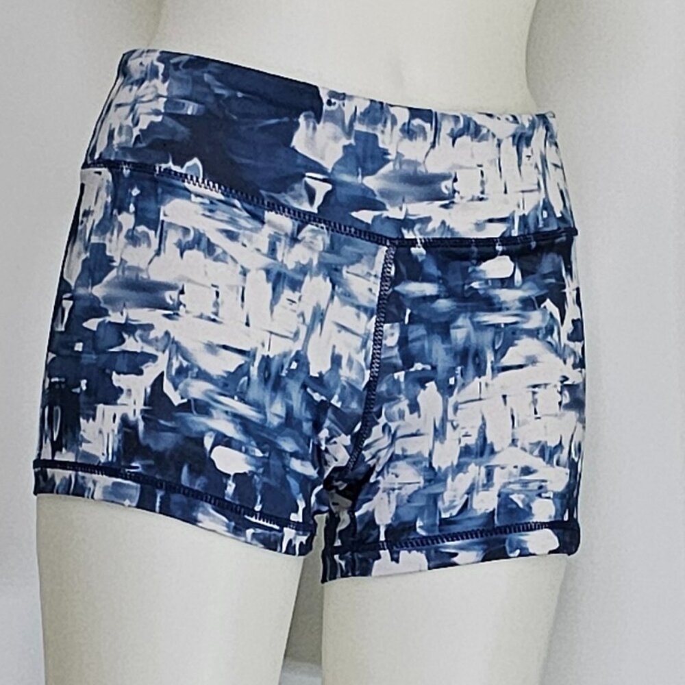 Abstract Blue Athletic Shorts – High Waist, Moisture-Wicking, Yoga/Running Ready